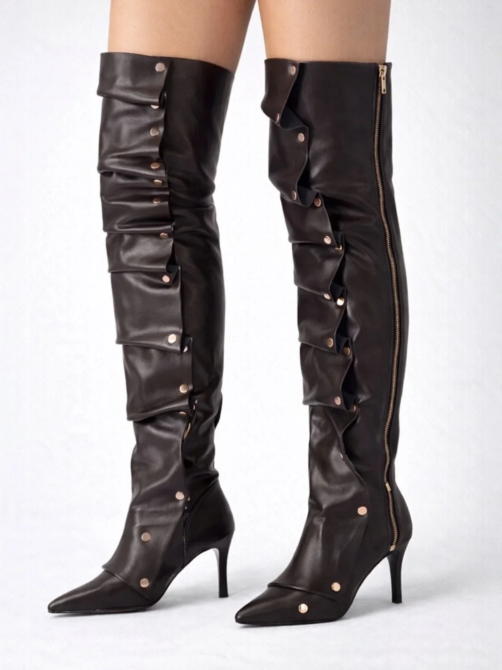 🔥 Statement Over-the-Knee Ruffle Stud Boots – Chocolate Brown | Size 8 🔥